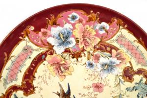 Porcelánfajansz tál, florális-madaras motívummal díszített, kézzel festett, 1890-1910 körül, két szá...