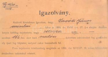 1934 Szatócsbolt cukorárulási, cukor felhasználási engedélye. Üvegezett keretben. 24x21 cm