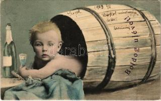 1902 Boldog Újévet! / New Year greeting card, child with champagne