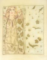 Grosz jelzéssel: Lengén öltözött hölgy (erotikus grafika). Vegyes technika, selyem, tetején és alján kissé foltos, üvegezett fa keretben, 31x22,5 cm