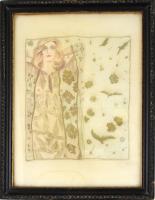 Grosz jelzéssel: Lengén öltözött hölgy (erotikus grafika). Vegyes technika, selyem, tetején és alján...
