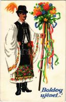 1927 Boldog Újévet! / New Year greeting card, Hungarian folklore. R.J.E. (EK)