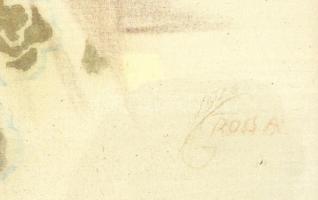 Gross 1926 jelzéssel: Hölgy tóparton. Vegyes technika, selyem, üvegezett, sérült fa keretben, 31,5x2...