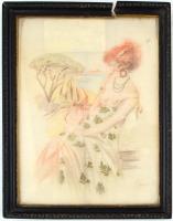 Gross 1926 jelzéssel: Hölgy tóparton. Vegyes technika, selyem, üvegezett, sérült fa keretben, 31,5x2...