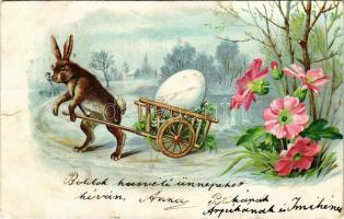 1900 Easter greeting card, Rabbit with egg. litho (szakadások / tears)