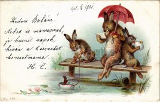 1901 Easter greeting card, Rabbits with egg. No. 420. litho (EK)