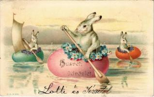 1901 Húsvéti üdvözlet / Easter greeting card, rabbits in boats. M. S. 12. 335. litho (EK)