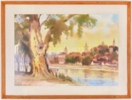 Osváth Miklós (1935-2004): Folyóparti séta (Dunánál?). Akvarell, papír, jelzett és datált (Osváth Mi...