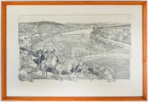 Kádas István (1941-): Gellért püspök. Rézkarc, papír, jelzett, számozott (40/100), üvegezett keretbe...