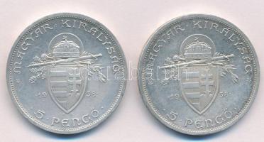1938. 5P Ag "Szent István" (2x) T:1-,2 kis patina, kis ph. 
Adamo P8.1