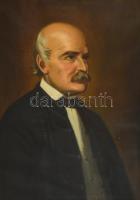 Jámbor Lajos (1884-1954): Semmelweis Ignác portréja. Olaj, vászon, jelzett (halványan balra lent), hátoldalán Benczur u. kórház fém plakettjével. Díszes, sérült fa keretben, 71x51 cm