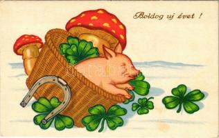 1939 Boldog Újévet! / New Year greeting card, pig with mushroom, clovers and horseshoe (fl)