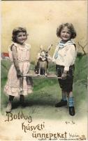1903 Boldog Húsvéti Ünnepeket / Easter greeting card, children with rabbit. D.T.C.L. Ser. 267. No. 5. (fl)