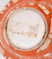 Iparművészi Vállalatos Gorka kaspó, narancs-fehér repesztett mázas kerámia, jelzett, javított,d: 27 ...