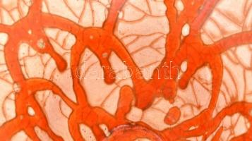 Iparművészi Vállalatos Gorka kaspó, narancs-fehér repesztett mázas kerámia, jelzett, javított,d: 27 ...