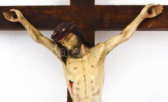 Antik, XIX. sz., nagy méretű fa feszület fa korpusszal, kézzel festett. Korpusz jobb karja javított,...