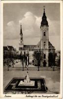 1939 Losonc, Lucenec; Kubinyi tér, Országzászló, templomok. Salamon Károly kiadása / square, Hungarian flag, churches (EK)