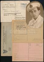 cca 1916 I. világháborús tábori postai lap, 1 db távozási engedély, 1 db tengerészről készült körbevágott fotó