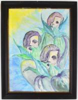 Vaszary jelzéssel: Virágos arcok. Akvarell, papír, üvegezett, kissé sérült fa keretben, 59,5x44 cm