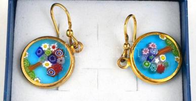 Aranyozott ezüst(Ag) muránói üveges fülbevaló pár és nyaklánc medál, jelzett, a medál az eredeti dob...