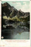 1909 Tátra, Magas Tátra, Vysoké Tatry; Halas-tó a Baráttal és a Menguszfalvi csúccsal. Feitzinger Ede 1905/5. Auto-Chrom 293. / Der Fisch See mit d. Mönch u. d. Mengsdorfer Spitze / Morské Oko, Mengusovské stít, Mnich / lake, boat, mountain peaks (EK)