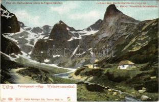 1909 Tátra, Magas Tátra, Vysoké Tatry; Zöld-tó, Karbunkulus-torony és Frigyes menház. Feitzinger Ede 1904/14. Auto-Chrom 514. /  Grüner See, Karfunkelturm u. Erzhz. Friedrich Schutzhaus / lake, mountain peak, chalet, tourist house (EK)