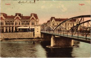 1911 Lugos, Lugoj; Vas híd, Délmagyarországi Bank, Corso kávéház. Nagel Sándor kiadása / bridge, bank, café (EK)