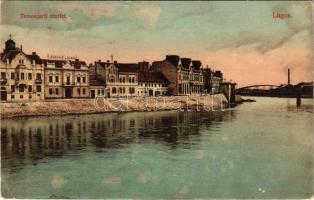 1911 Lugos, Lugoj; Temes-parti részlet, Julius Ilka üzlete, híd. Nagel Sándor kiadása / Timis riverbank, shop, bridge (EK)