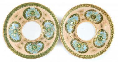 Azonosítatlan jelzéssel: Mokkás csésze, aljjal, párban. Kézzel festett, aranyozott, apró kopásokkal....