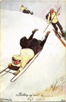 1931 Sleigh, sledding woman and skiing man, winter sport art postcard, humour. B.K.W.I. 371-6. s: Fritz Schönpflug (EK)