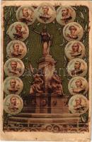 1899 Arad, Vértanú szobor, szecessziós emléklap a 13 aradi vértanú arcképével; Lengyel Lipót Műintézet / martyrs statue, portraits of the 13 Hungarian martyrs of Arad, Art Nouveau litho (EB)