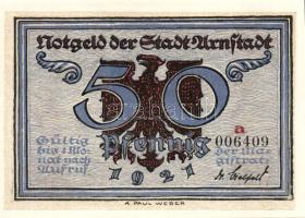 Német Birodalom/Weimari Köztársaság/ Arnstadt 1921. 50Pf(6x) 6klf db, teljes sor T:I