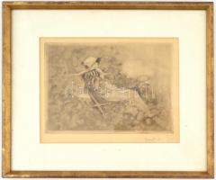 R Josif (?) jelzéssel: Hölgy, székben.Rézkarc, papír. 15x21 cm