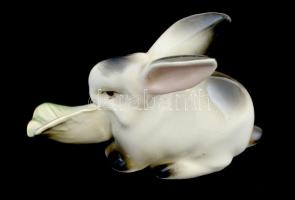 Zsolnay porcelán káposztaleveles nyuszi, kézzel festett, jelzett, hibátlan, 7×9 cm