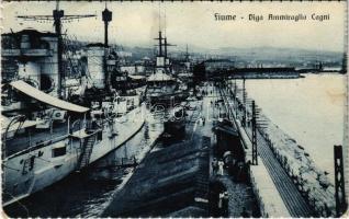 Fiume, Rijeka; Diga Ammiraglio Cagni / battleships at the port. Ed. Francesco Slocovich 1925. (EK)