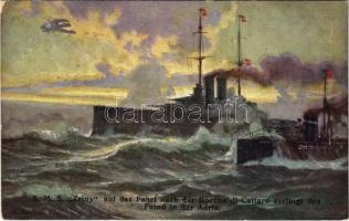 SMS Zrínyi und Torpedoboot Cobra auf der Fahrt nach der Bocche di Cattaro verfolgt den Feind in der Adria. K.u.K. Kriegsmarine. Offizielle Postkarte des Österreichischen Flottenvereines zu Gunsten der Kriegsfürsorge. Postkartenverlag Brüder Kohn B.K.W.I. / SMS Zrínyi az Osztrák-Magyar Haditengerészet Radetzky-osztályú pre-dreadnought csatahajója és a Cobra torpedónaszád úton a kotori öbölbe / WWI Austro-Hungarian Navy SMS Zrínyi Radetzky-class pre-dreadnought battleship and Cobra torpedo boat on their way to the Bay of Kotor. s: Alex Kircher