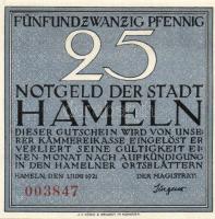 Német Birodalom/Weimari Köztársaság/ Hameln 1921. 25Pf + 50Pf + 75Pf + 1M 4klf db, teljes sor T:I