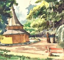 Hende Vince (1892-1957): Görömbölytapolca fürdő. Akvarell, papír, jelzett, paszpartuban, 26x18 cm