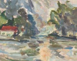 Frank jelzéssel: Táj. Olaj, papír, üvegezett fa keretben, 29,5x37,5 cm