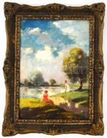 Gyertyáni Németh Gyula (1892-1946): Hölgyek a parton. Olaj, farost. Jelzett. Keretben. 35x24 cm