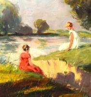 Gyertyáni Németh Gyula (1892-1946): Hölgyek a parton. Olaj, farost. Jelzett. Keretben. 35x24 cm