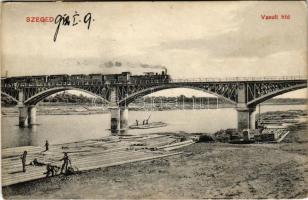 1912 Szeged, Vasúti híd, gőzmozdony, vonat, faúsztatás