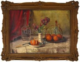 De Barquier 1905 jelzéssel, feltehetően francia festő alkotása: Csendélet virágokkal és narancsokkal...