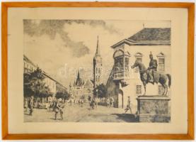 Konecsni Zsizsi (1911-2000): Budai Várnegyed a Mátyás-templommal. Rézkarc, papír, jelzett, üvegezett...