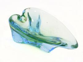 Türkiz színű, szakított üveg tálka, kopásokkal, 16x11,5x6 cm
