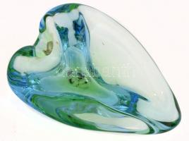 Türkiz színű, szakított üveg tálka, kopásokkal, 16x11,5x6 cm