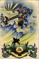 Magyar feltámadást! / Hungarian irredenta propaganda art postcard, military aircraft s: Bozó