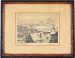 Remsey Iván(1921-2006): Ház a hegyen. Rézkarc, papír, jelzett, üvegezett fa keretben, 17,5×24 cm