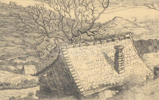 Remsey Iván(1921-2006): Ház a hegyen. Rézkarc, papír, jelzett, üvegezett fa keretben, 17,5×24 cm