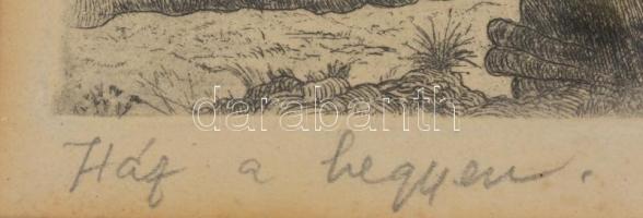 Remsey Iván(1921-2006): Ház a hegyen. Rézkarc, papír, jelzett, üvegezett fa keretben, 17,5×24 cm